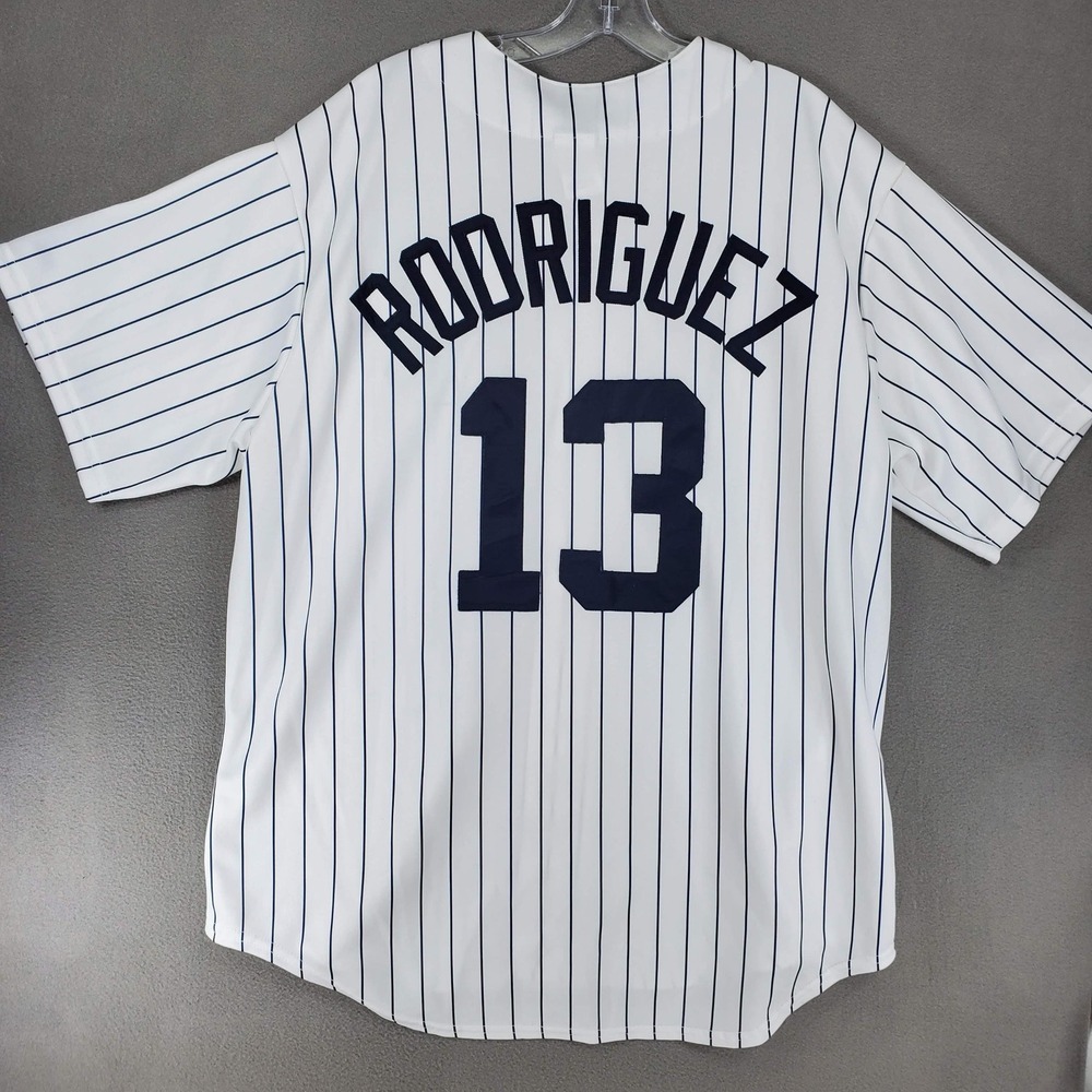Majestic White Pinstripe Navy 'Rodriguez 13' Baseball Jersey